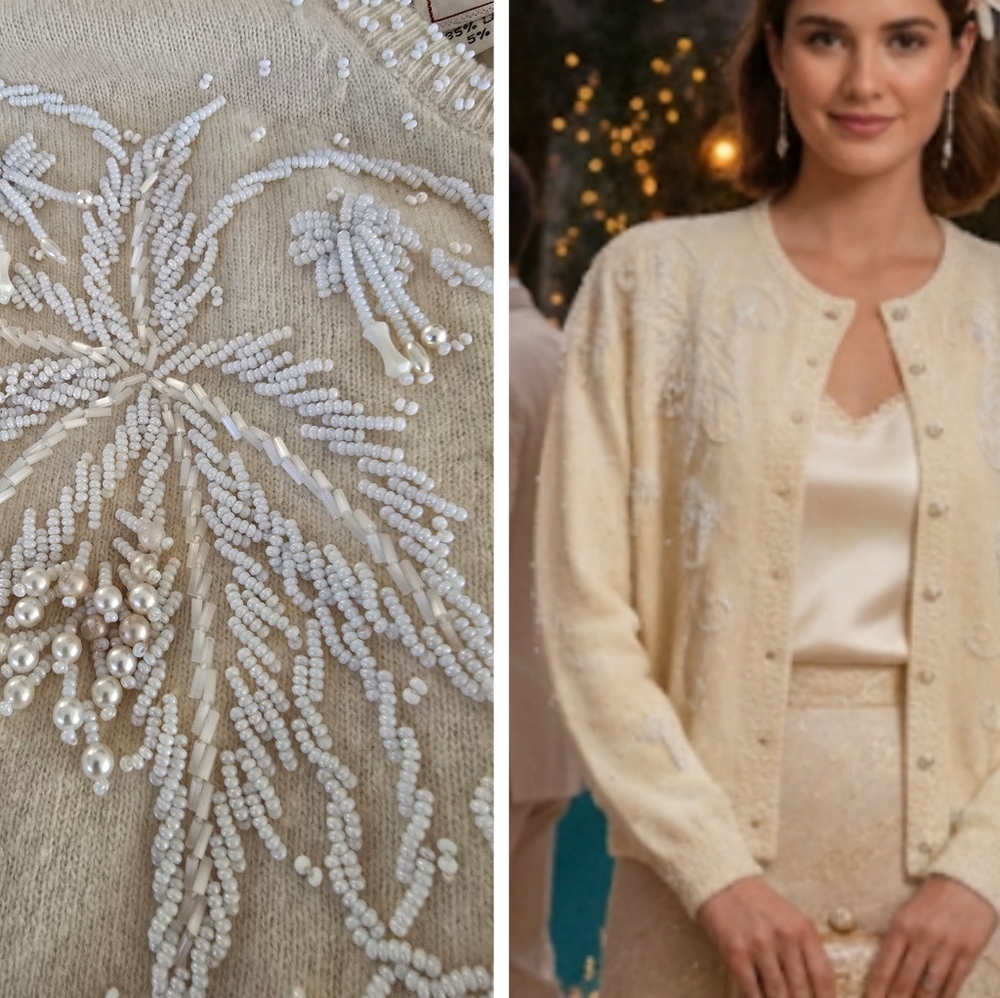 VINTAGE RARE 1950s Lambswool Angora Beaded Palm Tree Motiff Cocktail Cardigan - Picture 2 of 16